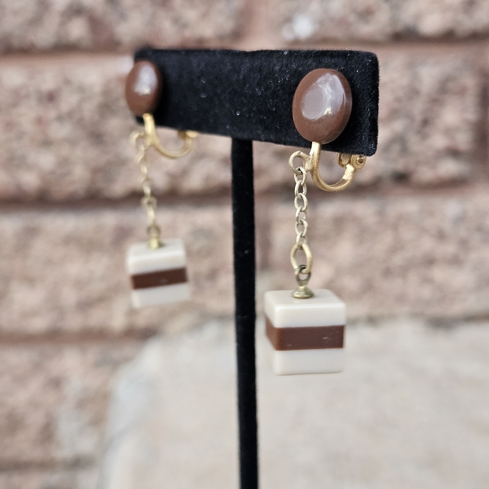 Unique Vintage Brown and Cream Clip On Earrings Dangle Chain Square 70s Retro